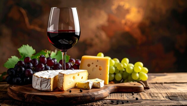 “Rustic Wooden Table with Glass of Red Wine, Assorted Cheeses, and Grapes in Warm Gourmet Setting” - Powered by Adobe