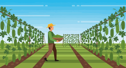 Farmer Harvesting Gourds From Lush Crop Under The Azure Sky in A Peaceful Field