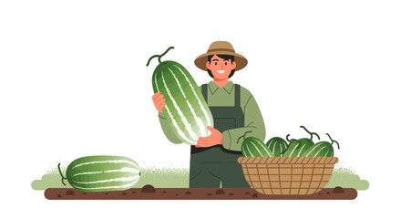 Farmer Holding Giant Cucumber Beside Basket Full of Green Melons, Happy Harvest Season