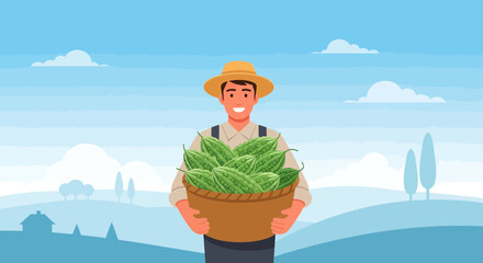 Farmer Holding A Basket Of Fresh Bitter Gourds Against A Landscape Backdrop