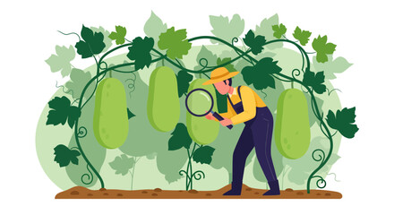 Farmer Investigates Giant Vegetables in Lush Garden Under Green Leaves and Swirling Vines