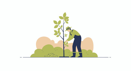 Farmer Planting Young Tree: Vector Illustration Depicting Environmental Conservation Effort