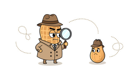 Detective Peanut Investigates The Suspect Nut With Magnifying Glass Looking For Clues