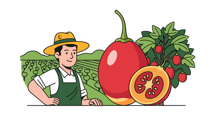Farmer with Treetomatoes and Orchard: A Fresh, Colorful Agricultural Illustration