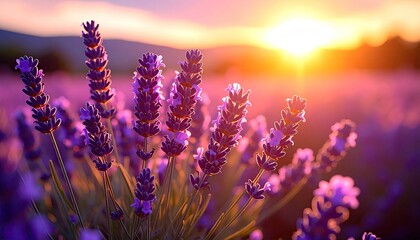 Fototapeta premium Close Up Of Lavender Flowers Field At Sunset With Golden Sun Rays In The Sky And Purple Hues