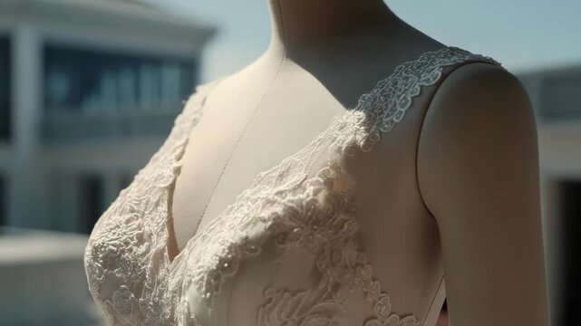 Close-up of a lace wedding dress bodice on a mannequin.