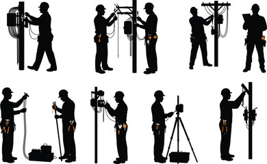 Utility worker silhouettes, electrical maintenance, pole work, safety gear, inspection, repair, telecom service, technician posture, infrastructure, field operation