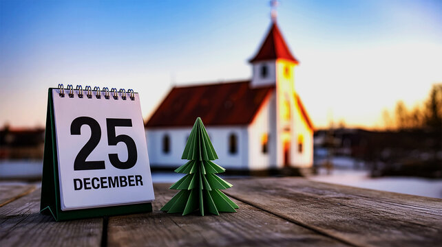December 25 Calendar Page with Mini Christmas Tree, Festive Winter Background with Church at Sunset