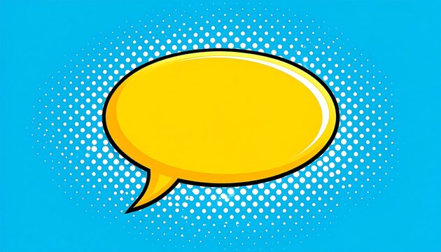 A comic-style yellow speech bubble on a blue background with a halftone pattern