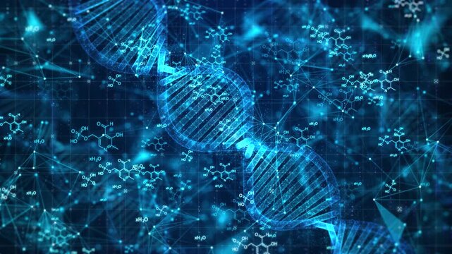 Abstract Blue DNA Helix with Chemical Formulas and Science Network Loop
