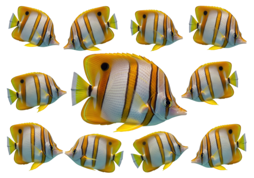 Pattern of numerous copperband butterflyfish (Copperband Butterflyfish) with yellow and white stripes, isolated on a transparent background, living in coral reefs.