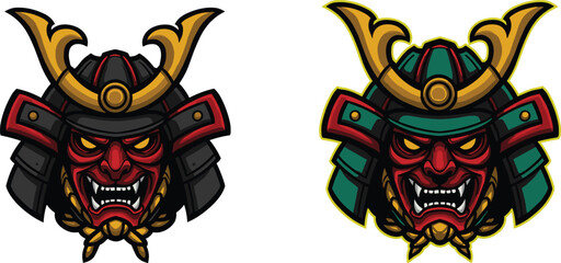PrintRed samurai demon mask illustration, Japanese warrior helmet design, traditional oni art, fierce devil face vector, cultural armor mascot logo