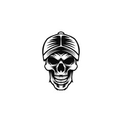 logo illustration of an angry skull head wearing a hat