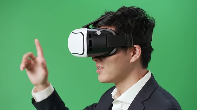 A young Asian businessman in a suit wearing a virtual reality headset and interacting with an invisible screen on a green background representing future technology and immersive experiences.
