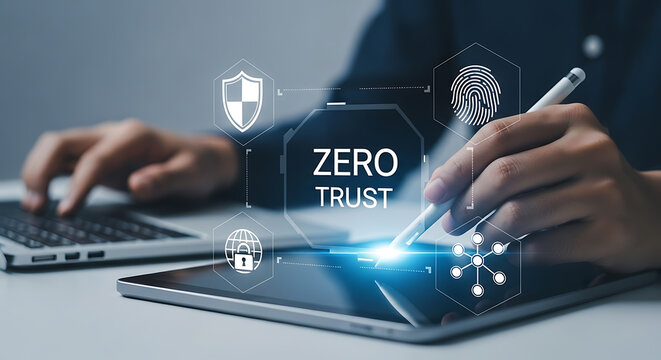 Person using a digital pen on a tablet with zero trust security icons overlaid, and laptop in the background.