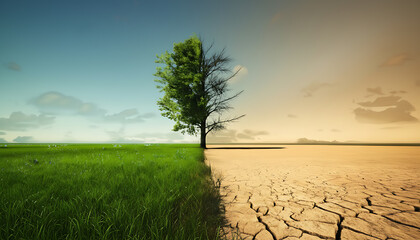 Vibrant green life meets arid desert landscape, showing climate change impact with compelling visual contrast, ideal for environmental awareness campaigns