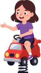 PrintSmiling little girl riding red spring car toy at playground, happy child playing outdoor, fun cartoon illustration, joyful activity
