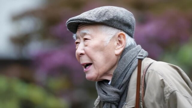 An elderly man wearing a gray flat cap and scarf, looking down, outdoors with a colorful blurred garden background.