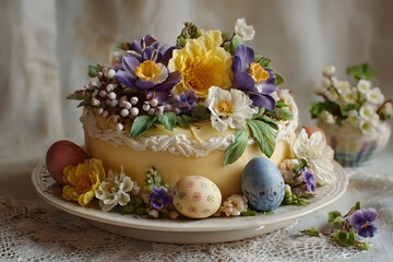  Easter cake with pastel icing, flowers and eggs, holiday vibe. High quality photo