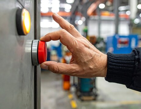Hand pressing a red emergency stop button in a factory - Powered by Adobe