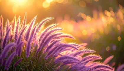 Close up macro view of soft purple ornamental grass plumes backlit by warm golden hour sunlight creating a dreamy bokeh effect in the background
