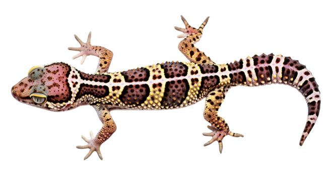 A studio photograph of an isolated leopard gecko with a unique pattern, spots, and a tail on a transparent background. Reptile and pet.
