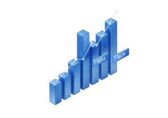 Blue 3d bar chart with upward trend line isolated on transparent background