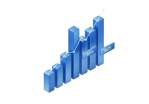 Blue 3d bar chart with upward trend line isolated on transparent background