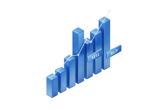 Blue 3d bar chart with upward trend line isolated on transparent background