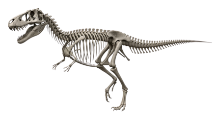 A 3D model of a large theropod dinosaur (e.g., T-Rex or Allosaurus) isolated on a transparent background, displaying its complete skeleton. Paleontology and fossils.