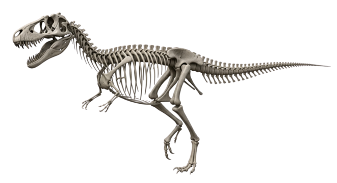 A 3D model of a large theropod dinosaur (e.g., T-Rex or Allosaurus) isolated on a transparent background, displaying its complete skeleton. Paleontology and fossils. - Powered by Adobe