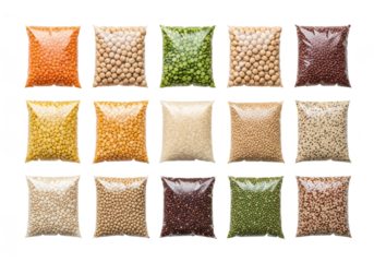 Assortment of dry goods in clear plastic bags isolated on transparent background