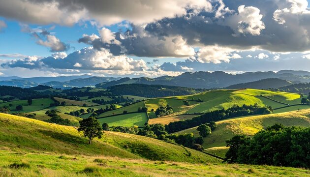 Rolling green hills bathed in golden hour sunlight under a dramatic cloudy sky with layered landscape and bright illumination - Powered by Adobe