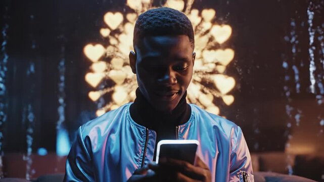 African american man using smartphone with social media icons and looking at a virtual screen with a nebula for digital world concept. - Powered by Adobe