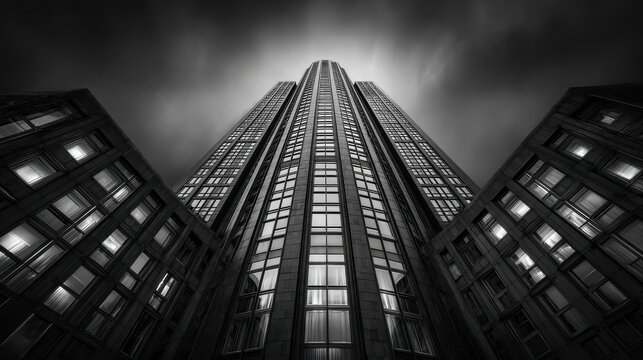 Modern skyscraper with glass and steel facade towering skyward under dramatic cloudy sky monochrome urban cityscape architecture perspective dramatic lighting