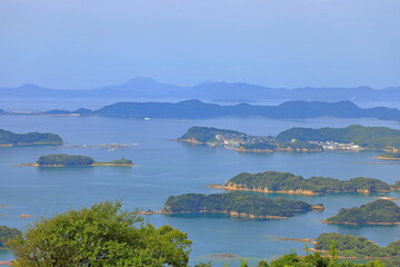 View from Ishidake Observatory deck, a lookout point with views of Kujukushima (Kujuku Islands in Funakoshicho, Sasebo, Nagasaki, Japan