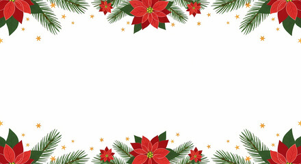 A full, dense border of traditional Christmas elements including pine branches, red roses, and holly surrounding a central white space.