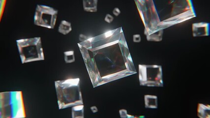 Floating geometric shards rotating in zero gravity 
