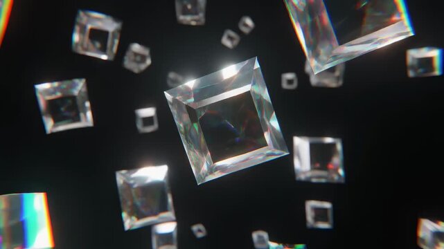Floating geometric shards rotating in zero gravity 