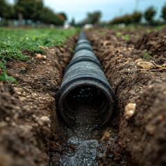 Underground drainage pipe channeling water in trench