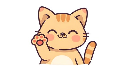 Fototapeta premium A cheerful and cute cartoon cat with orange tabby markings is happily waving its paw. The illustration style is clean, modern, and features flat pastel colors with bold outlines.