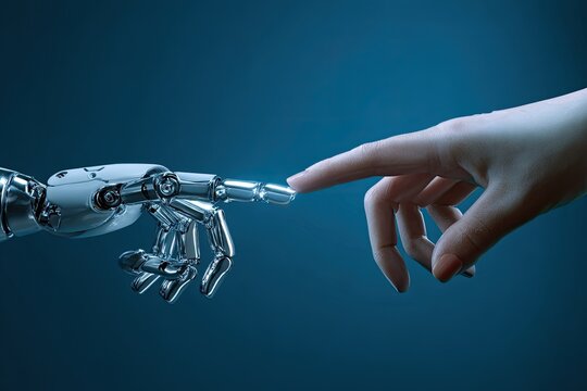 A metallic robot arm and a human hand almost touch, a futuristic concept of the merging of technology and humanity