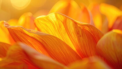 Close Up Macro Shot of Orange Flower Petals With Water Droplets and Golden Sunlight Backlighting Creating a Soft Bokeh Effect