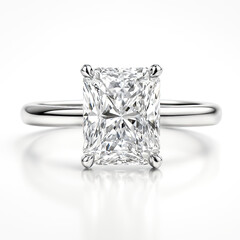 Hyper Realistic Diamond Solitaire Engagement Ring Studio Photo | Radiant Cut Diamond on 24K White Gold Band | Luxury Jewelry Close Up with Sparkling Gemstone | Elegant Solitaire Ring with Radiant