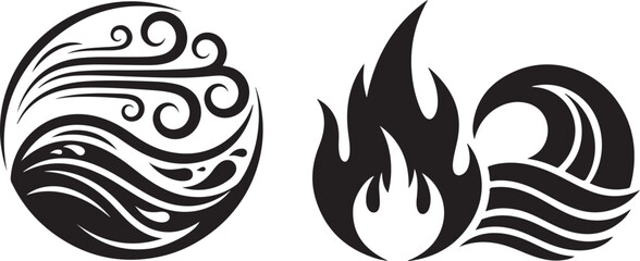 Fototapeta premium Abstract Black and White Symbols Representing Wind, Water, and Fire