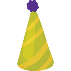 Green and Yellow Striped Party Hat with Purple Pom Pom Isolated on Transparent Background