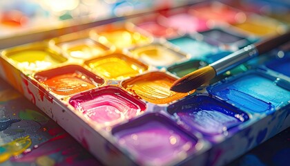 Fototapeta premium Close Up Of A Palette Of Vibrant Watercolor Paints And A Brush In Soft Natural Light Showing Various Shades Of Red Orange Yellow Green Blue And Purple With Water Droplets And Splatter Details
