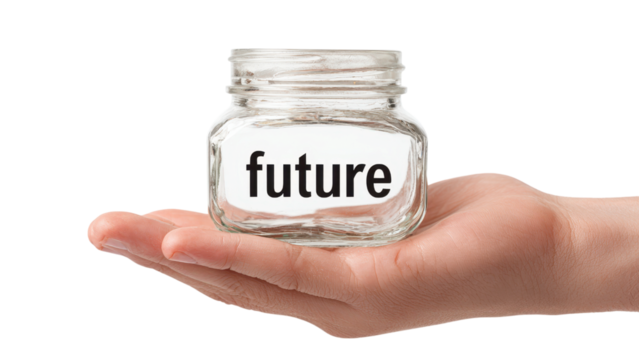 Hand Holding Jar with the Future on White