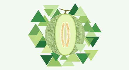 Fresh Melon Slice Set Against Green Geometric Triangles With White Background