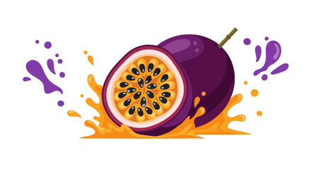 Fresh Passion Fruit Cut In Half With Juice Splashes on White Background Illustration